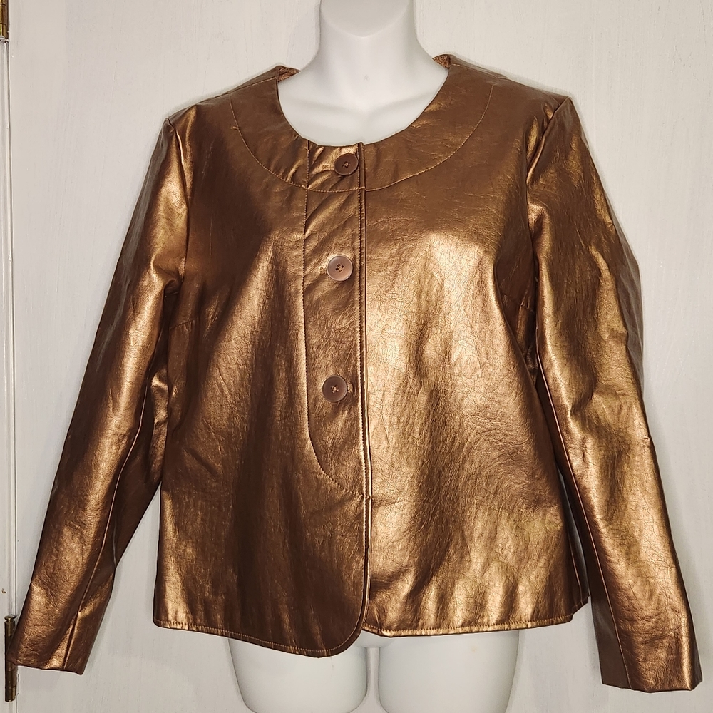 Vtg Jaclyn Smith Large Metallic Copper Bronze Button Front Holiday Jacket. - Picture 1 of 12